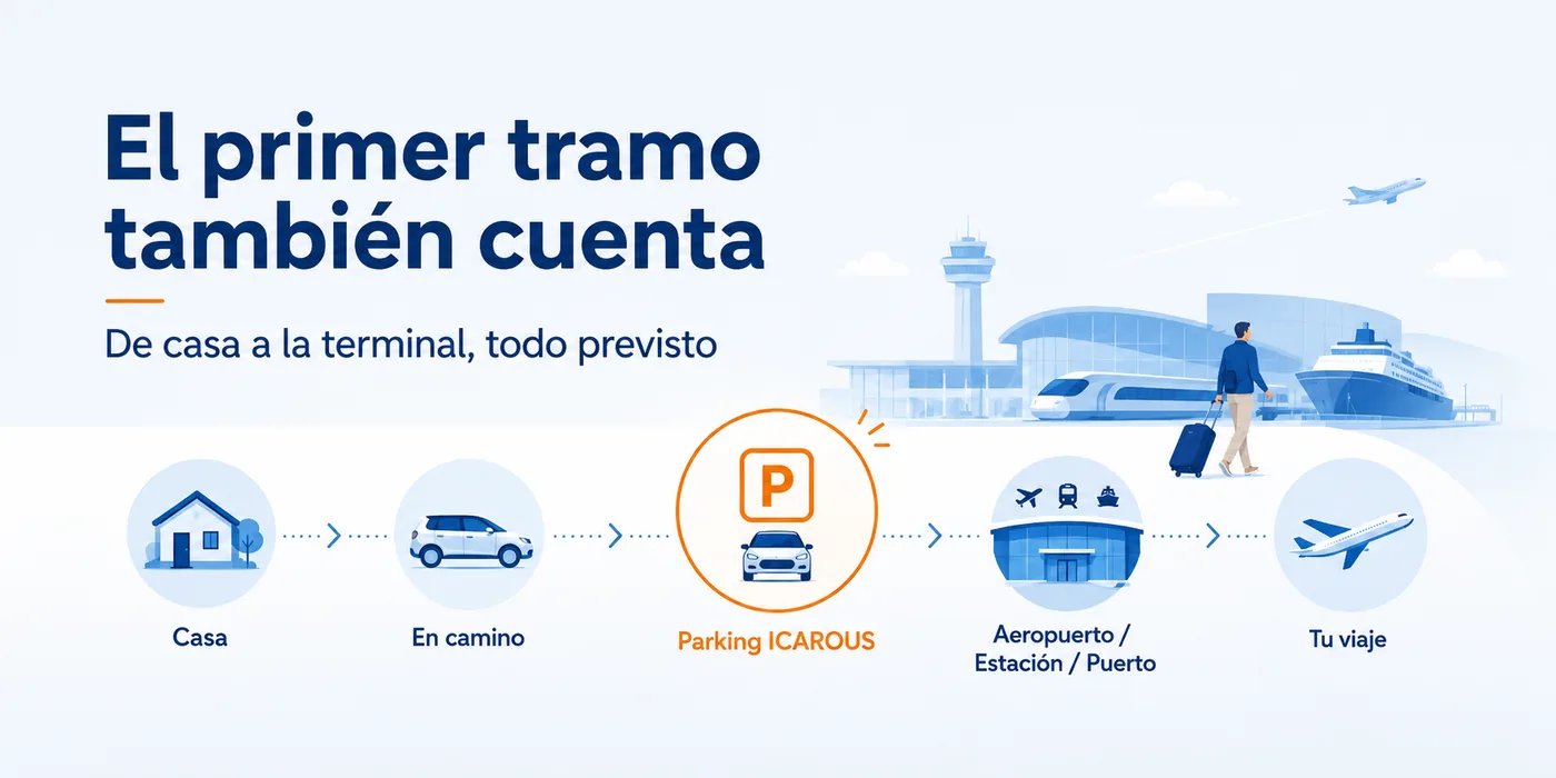 De casa a la terminal: casa, en camino, parking Icarous, aeropuerto o estación, tu viaje